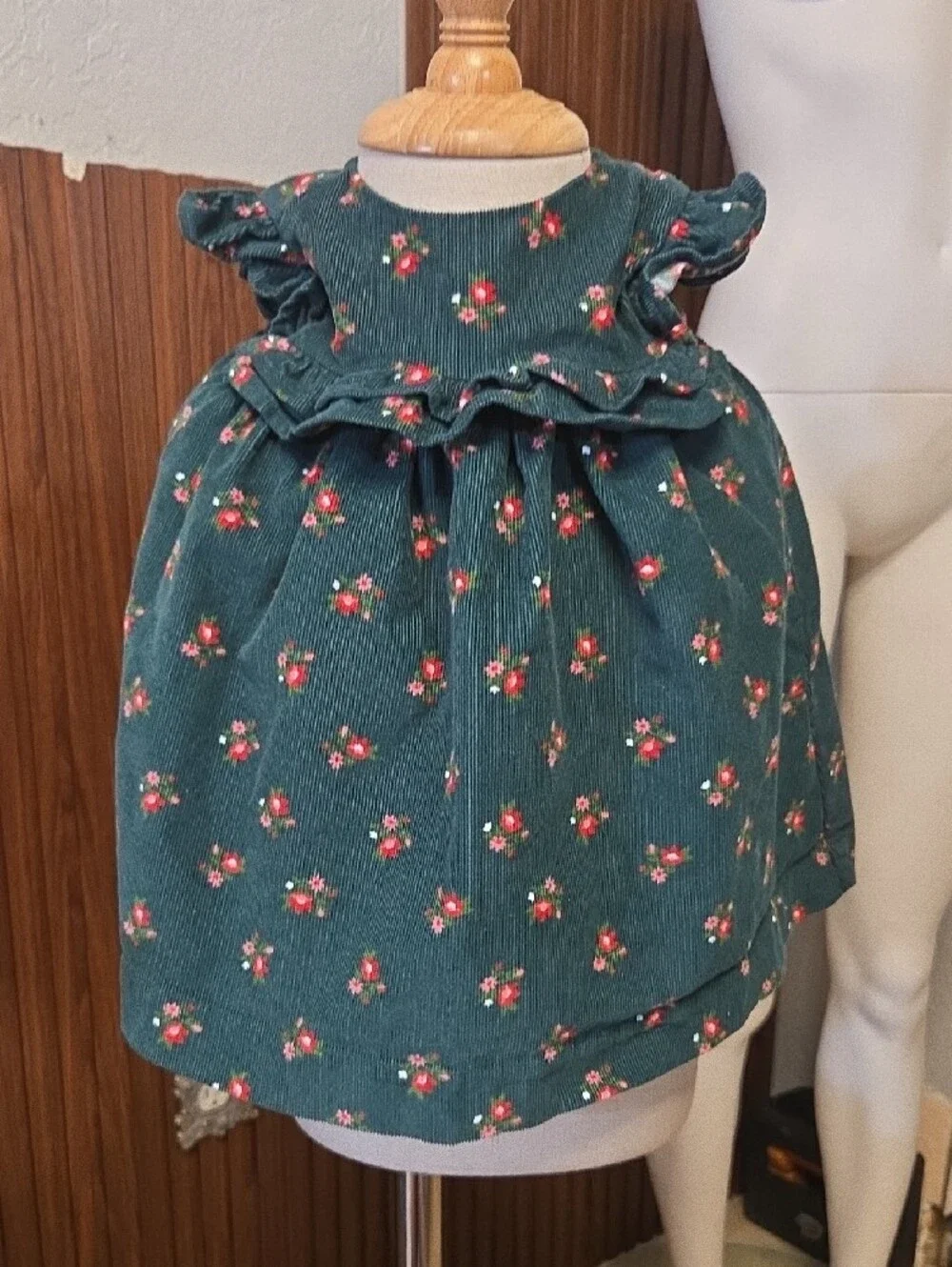 Carter's Green Floral Corduroy Ruffle Dress